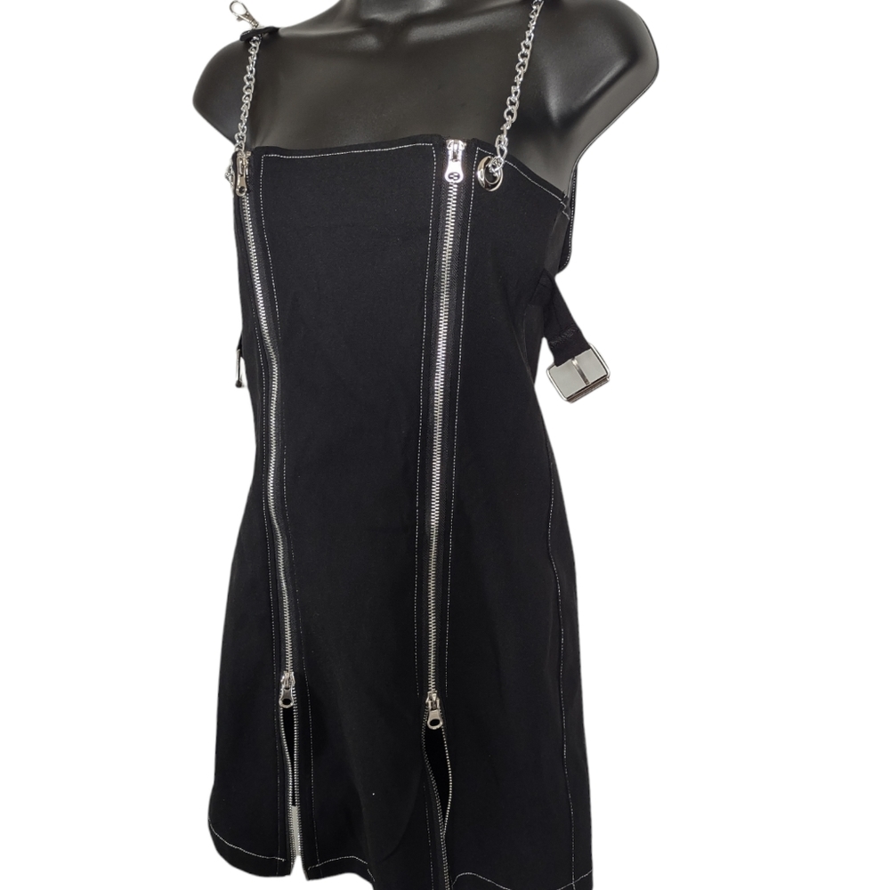 NWT Do Myself Underbust Double Zip Black Dress size MD w/ Chain straps, …